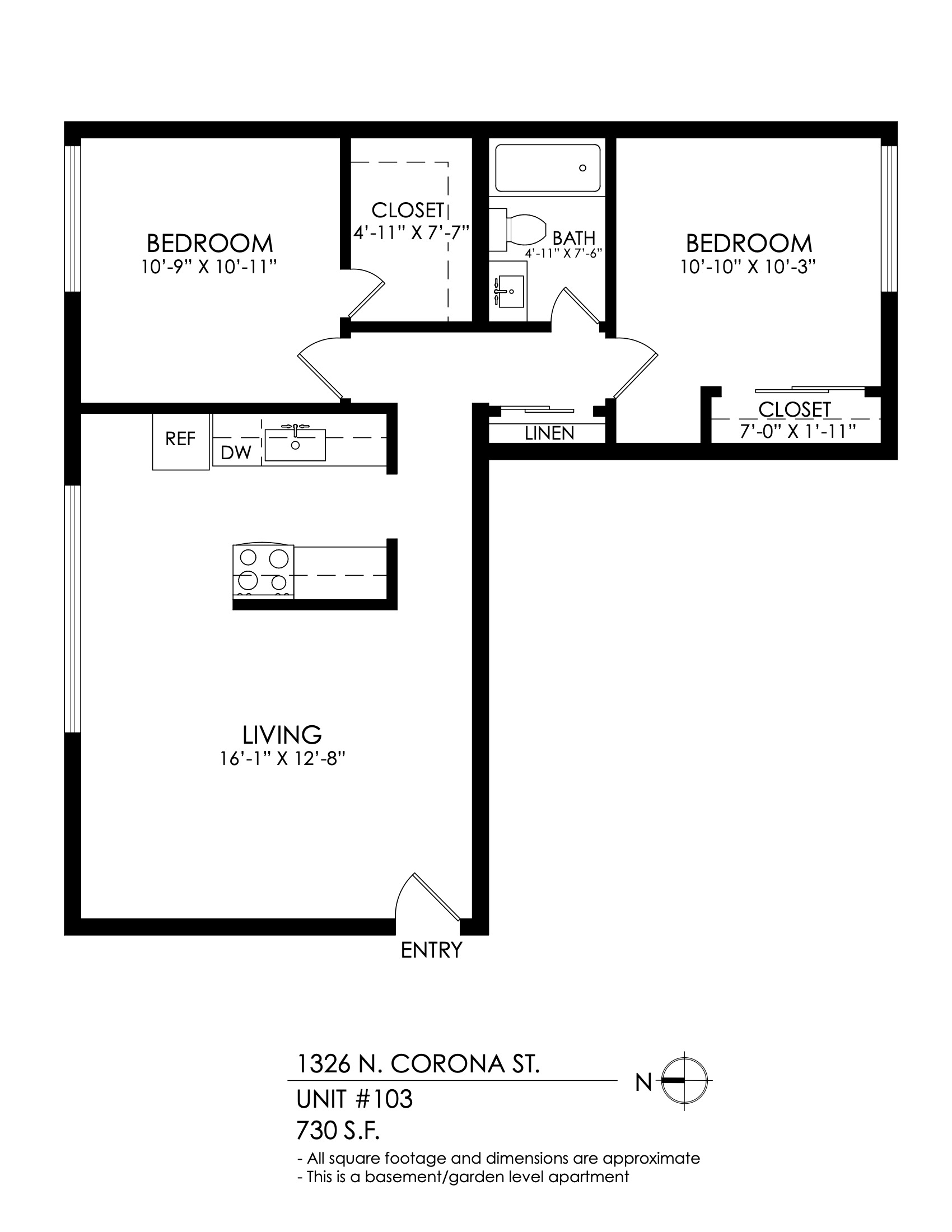 Floor plan for 2 beds, 1 bath, 750 sqft